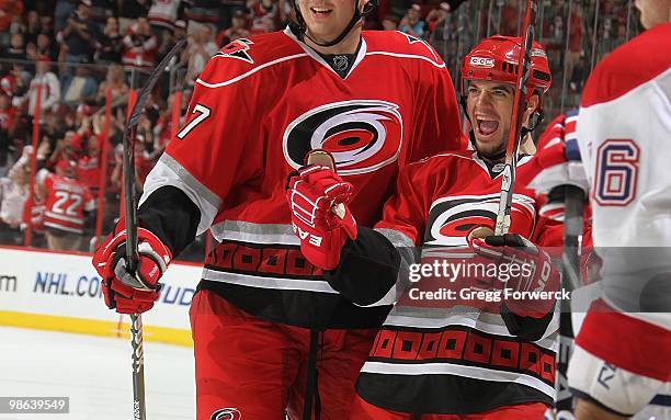 Chad LaRose of the Carolina Hurricanes clelbrates after scoring his 2nd goal of he game during a NHL contest against the Montreal Canadiens on April...