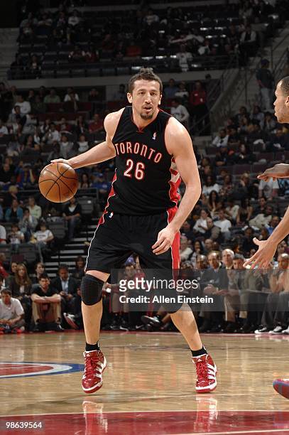 Hedo Turkoglu of the Toronto Raptors looks to make a move during the game against the Detroit Pistons at the Palace of Auburn Hills on April 12, 2010...