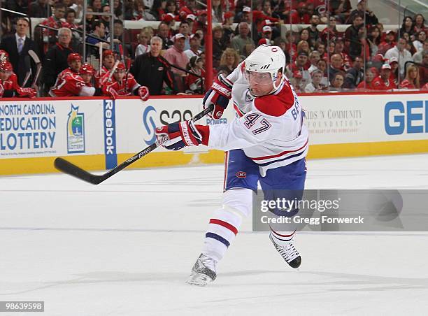 Marc-Andre Bergeron of the Montreal Canadiens fires a slap shot from the point during a NHL game against the Carolina Hurricanes on April 8, 2010 at...
