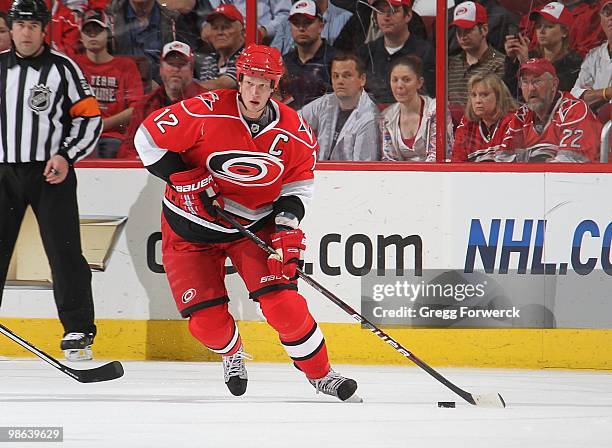 Eric Staal of the Carolina Hurricanes carries the puck of during a NHL game against the Montreal Canadiens on April 8, 2010 at RBC Center in Raleigh,...