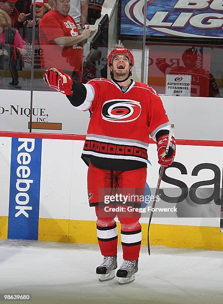 Chad LaRose of the Carolina Hurricanes is named on of the 3 stars of the game after their NHL game against the Montreal Canadiens on April 8, 2010 at...