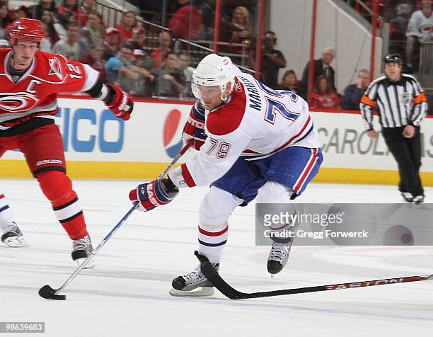 Andrei Markov of the Montreal Canadiens carries the puck across the blue line during a NHL game against the Carolina Hurricanes on April 8, 2010 at...
