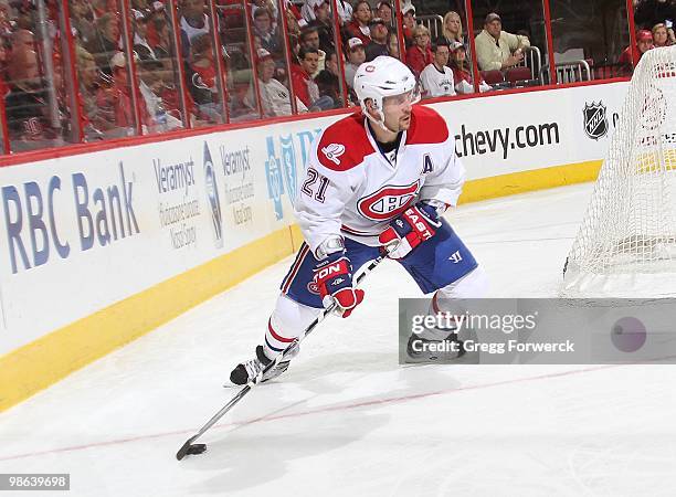 Brian gionta of the Montreal Canadiens looks to pass the puck during a NHL game against the Carolina Hurricanes on April 8, 2010 at RBC Center in...