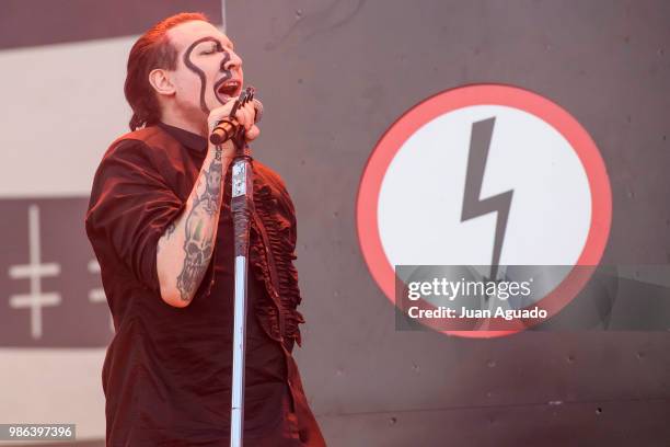 Marilyn Manson performs on stage during Day 1 of the Download Festival on June 28, 2018 in Madrid.