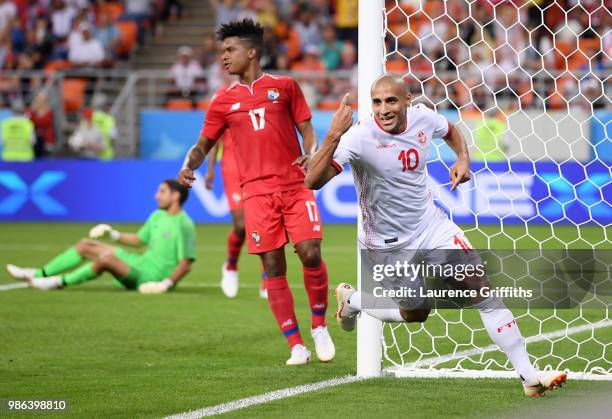 Wahbi Khazri of Tunisia celebrates after scoring his sides second goal as Luis Ovalle of Panama looks on dejected during the 2018 FIFA World Cup...