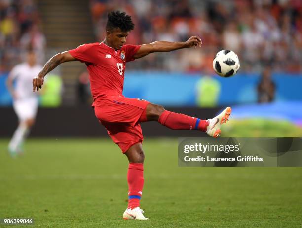 Luis Ovalle of Panama in action during the 2018 FIFA World Cup Russia group G match between Panama and Tunisia at Mordovia Arena on June 28, 2018 in...