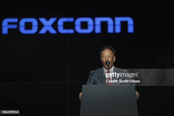 Terry Gou, chairman of Foxconn Technology Group, speaks at a groundbreaking ceremony for the $10 billion Foxconn factory complex on June 28, 2018 in...