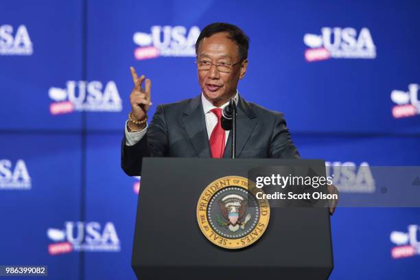 Terry Gou, chairman of Foxconn Technology Group, speaks at a groundbreaking ceremony for the $10 billion Foxconn factory complex on June 28, 2018 in...