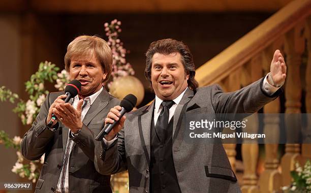 Singer G.G.Anderson and host Andy Borg perform during the dress rehearsal of the Musikantenstadl TV show on April 23, 2010 in Salzburg, Austria.