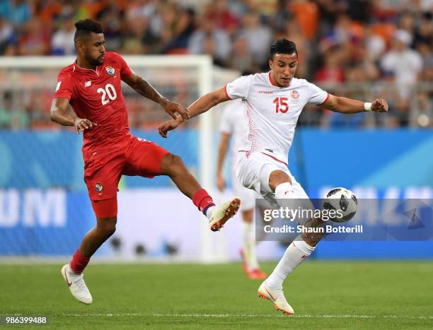 Anibal Godoy of Panama challenge for the ball with Ahmed Khalil of Tunisia during the 2018 FIFA World Cup Russia group G match between Panama and...