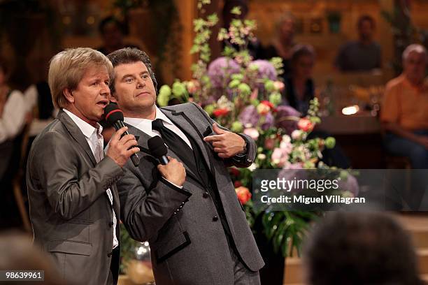 Singer G.G.Anderson and host Andy Borg perform during the dress rehearsal of the Musikantenstadl TV show on April 23, 2010 in Salzburg, Austria.