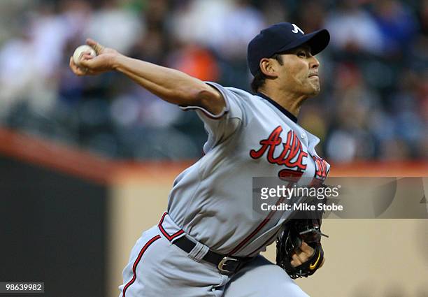 Kenshin Kawakami of the Atlanta Braves delivers a pitch in the first inning against the New York Mets on April 23, 2010 at Citi Field in the Flushing...