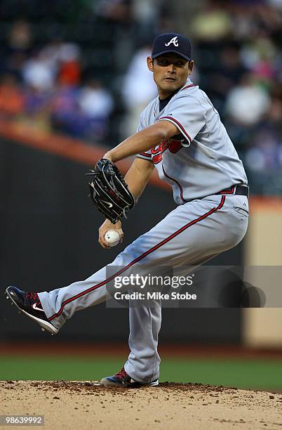 Kenshin Kawakami of the Atlanta Braves delivers a pitch in the first inning against the New York Mets on April 23, 2010 at Citi Field in the Flushing...