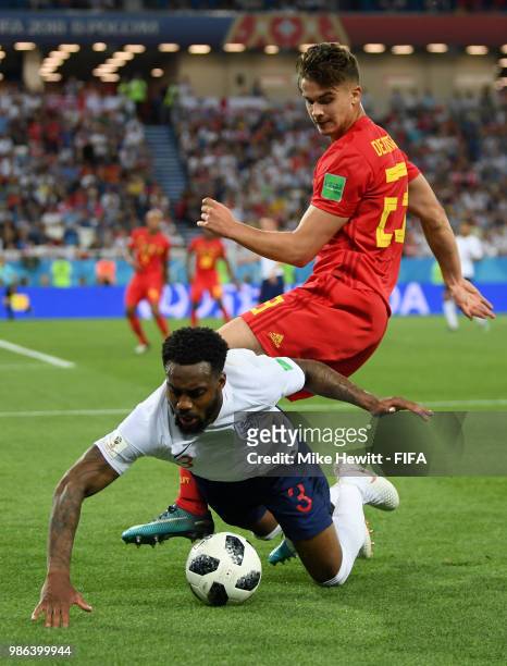 Danny Rose of England knocked to floor from challenge by Leander Dendoncker of Belgium during the 2018 FIFA World Cup Russia group G match between...