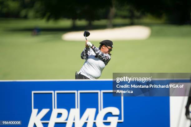 Christina Kim of the United States hits her tee shot on the tenth hole during the first round of the 2018 KPMG Women's PGA Championship at Kemper...