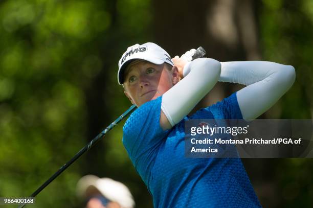 Stacy Lewis hits her tee shot on the 12th hole during the first round of the 2018 KPMG Women's PGA Championship at Kemper Lakes Golf Club on June 28,...