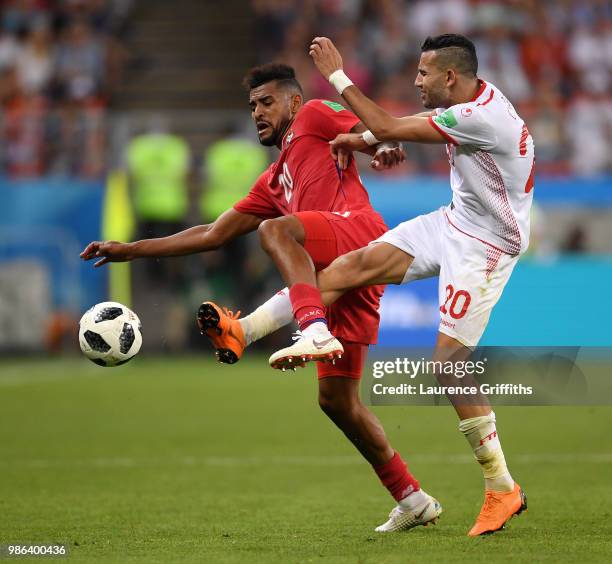Anibal Godoy of Panama is tackled by Ghaylen Chaaleli during the 2018 FIFA World Cup Russia group G match between Panama and Tunisia at Mordovia...