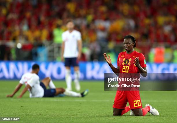 Dedryck Boyata of Belgium reacts at the final whistle following their win during the 2018 FIFA World Cup Russia group G match between England and...