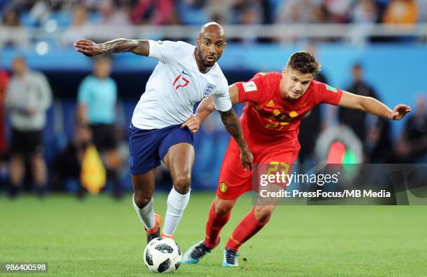 Fabian Delph of England competes with Leander Dendoncker of Belgium during the 2018 FIFA World Cup Russia group G match between England and Belgium...