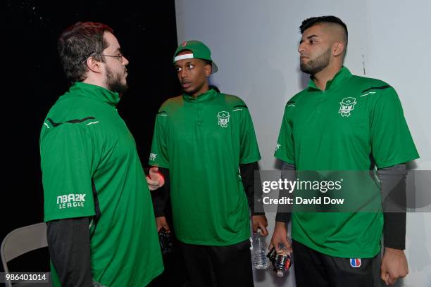 OFAB, Speedbrook, and Mel East of Celtics Crossover Gaming before the game against Jazz Gaming on June 22, 2018 at the NBA 2K League Studio Powered...