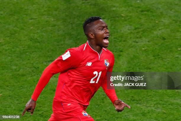 Panama's midfielder Jose Luis Rodriguez celebrates after scoring during the Russia 2018 World Cup Group G football match between Panama and Tunisia...