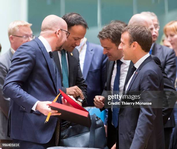 Belgium Prime Minister Charles Michel is joking wit the Irish Taoiseach Leo Varadkar, the Luxembourg Prime Minister Xavier Bettel and the French...