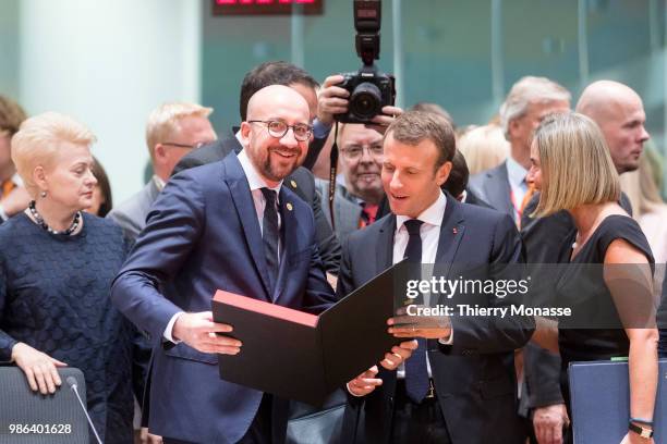 Lithuanian President Dalia Grybauskaite is looking at the Belgium Prime Minister Charles Michel, the French President Emmanuel Macron and the EU High...