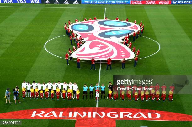 General view as Belgium and England players line up for national anthems prior to the 2018 FIFA World Cup Russia group G match between England and...