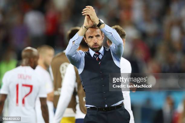 England manager Gareth Southgate is seen during the 2018 FIFA World Cup Russia group G match between England and Belgium at Kaliningrad Stadium on...
