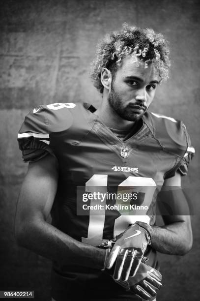 Rookie Premiere: Closeup portrait of San Francisco 49ers wide receiver Dante Pettis posing during photo shoot at California Lutheran University....