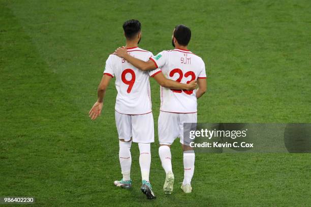 Naim Sliti of Tunisia celebrates victory with teammate Anice Badri following the 2018 FIFA World Cup Russia group G match between Panama and Tunisia...