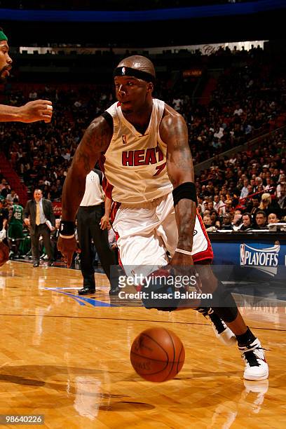 Jermaine O'Neal of the Miami Heat drives against the Boston Celtics in Game Three of the Eastern Conference Quarterfinals during the 2010 NBA...