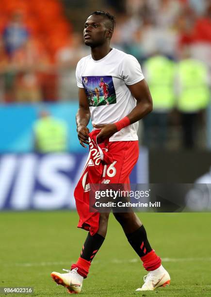 Abdiel Arroyo of Panama walks off the pitch following the 2018 FIFA World Cup Russia group G match between Panama and Tunisia at Mordovia Arena on...