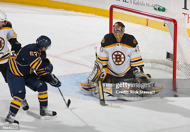 Tyler Ennis of the Buffalo Sabres deflects a shot wide of Tuukka Rask of the Boston Bruins in Game Five of the Eastern Conference Quarterfinals...