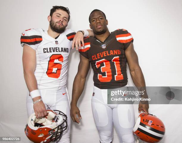 Rookie Premiere: Portrait of Cleveland Browns QB Baker Mayfield and running back Nick Chubb posing during photo shoot at California Lutheran...