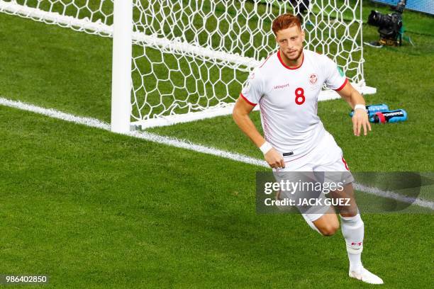 Tunisia's forward Fakhreddine Ben Youssef celebrates after scoring during the Russia 2018 World Cup Group G football match between Panama and Tunisia...