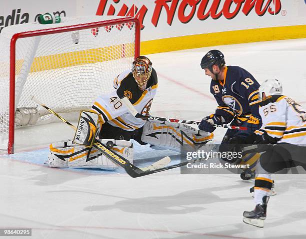 Tuukka Rask of the Boston Bruins makes a save on Tim Connolly of the Buffalo Sabres in Game Five of the Eastern Conference Quarterfinals during the...