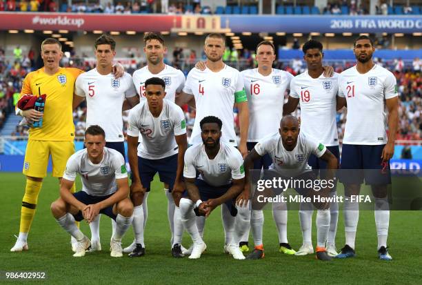 The England players pose for a team photo prior to the 2018 FIFA World Cup Russia group G match between England and Belgium at Kaliningrad Stadium on...