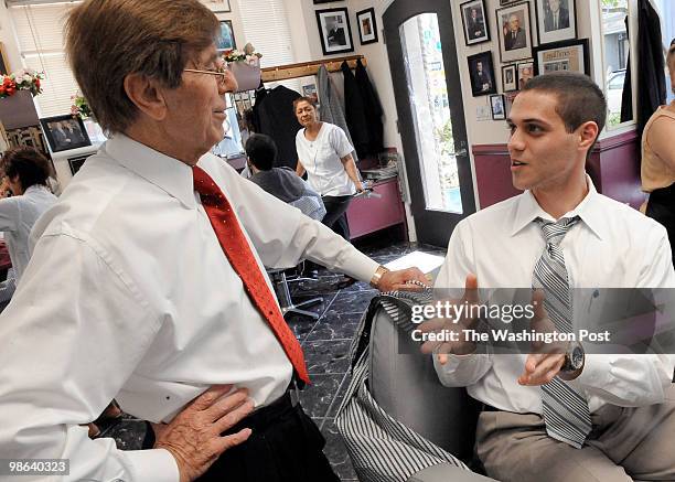 Barber Diego D'Ambrosio talked with customer Neil Townsend after finishing his haircut on April 16, 2010 in Washington DC. D'Ambrosio will be honored...