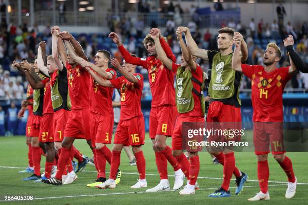 Belgium players celebrate following their sides victory in the 2018 FIFA World Cup Russia group G match between England and Belgium at Kaliningrad...