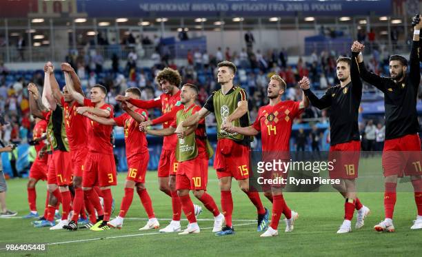 Belgium players celebrate following their sides victory in the 2018 FIFA World Cup Russia group G match between England and Belgium at Kaliningrad...