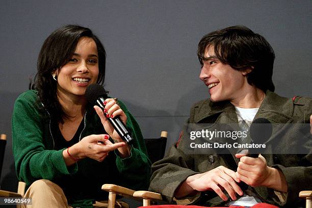 Zoe Kravitz and Ezra Miller attend the Apple Store Soho Presents Meet The Filmmaker: Producer's Panel the at Apple Store Soho on April 23, 2010 in...
