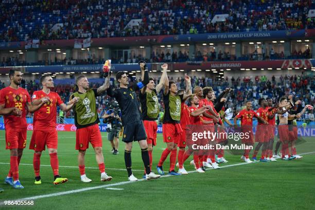 Belgium players celebrate following their sides victory in the 2018 FIFA World Cup Russia group G match between England and Belgium at Kaliningrad...