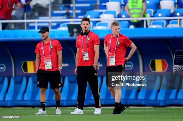 Eden Hazard midfielder of Belgium, Kevin De Bruyne forward of Belgium, Leander Dendoncker midfielder of Belgium during the FIFA 2018 World Cup Russia...