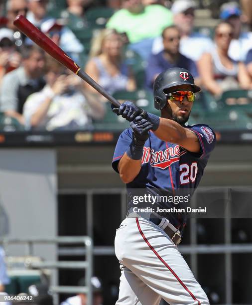 Eddie Rosario of the Minnesota Twins hits a double in the 6th inning spoiling a no-hit bid by Lucas Giolito of the Chicago White Sox at Guaranteed...