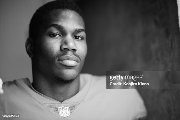Rookie Premiere: Closeup portrait of Detroit Lions running back Kerryon Johnson posing during photo shoot at California Lutheran University. Thousand...