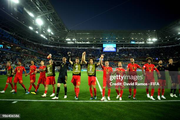 Belgium players celebrate with their fans after the 2018 FIFA World Cup Russia group G match between England and Belgium at Kaliningrad Stadium on...