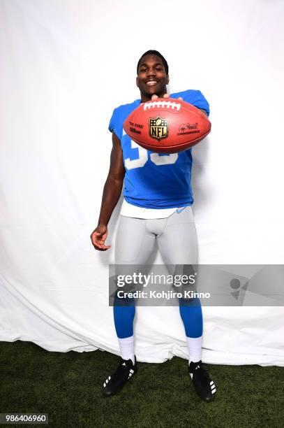 Rookie Premiere: Portrait of Detroit Lions running back Kerryon Johnson posing during photo shoot at California Lutheran University. Thousand Oaks,...