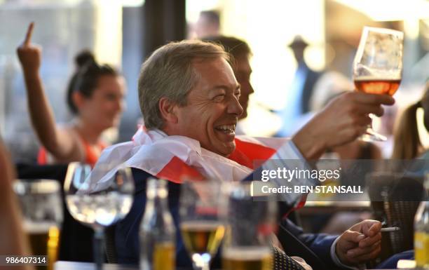 British politician Nigel Farage gestures with his glass at The Beer Factory Bar in Brussels on June 28 as he watches the Russia 2018 World Cup Group...