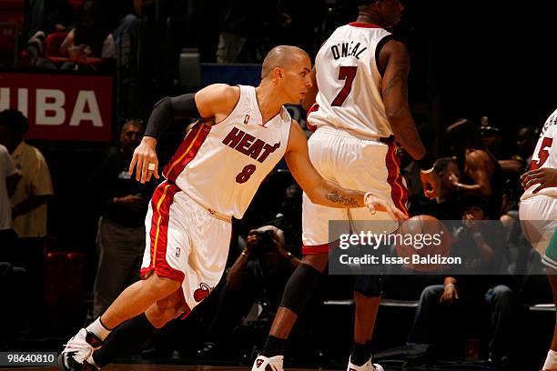 Carlos Arroyo of the Miami Heat drives against the Boston Celtics in Game Three of the Eastern Conference Quarterfinals during the 2010 NBA Playoffs...